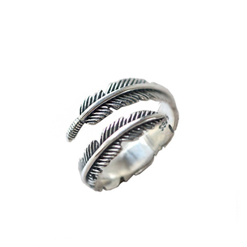 925 Sterling Silver Feather Simple Ring Retro Roman Ins Style