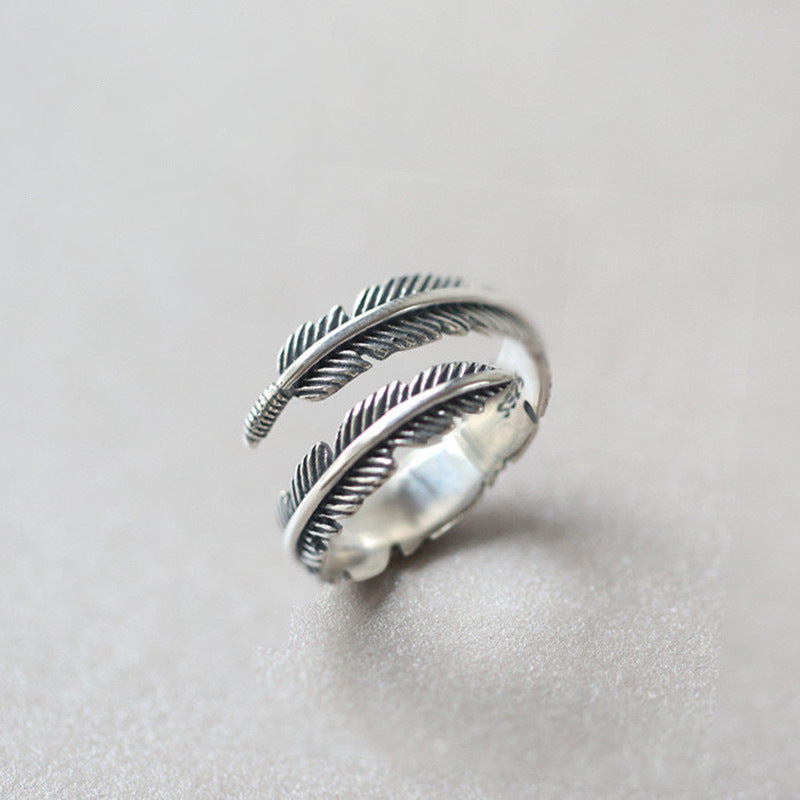 925 Sterling Silver Feather Simple Ring Retro Roman Ins Style